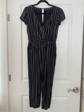 Abercrombie & Fitch Black and White Striped Wrap Jumpsuit